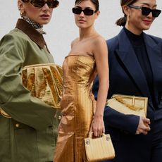 party clutches shown in a collage of street style images with women holding bags 