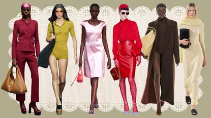 Runway collage of 2025 food color trends featuring merlot wine, bubblegum pink, olive green, mocha mousse, tomato red, and butter yellow.